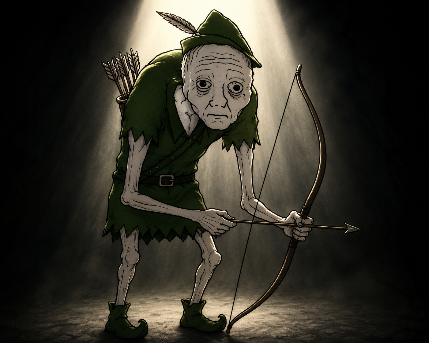 Rohjack holding his bow under a narrow beam of light