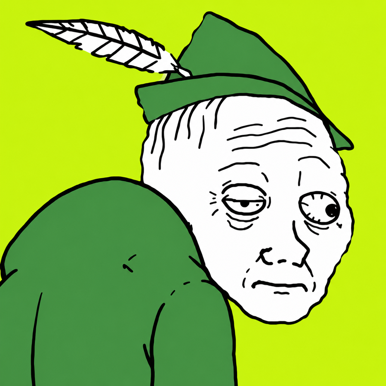 Close portrait of Rohjack in his green cap, looking deeply unimpressed
