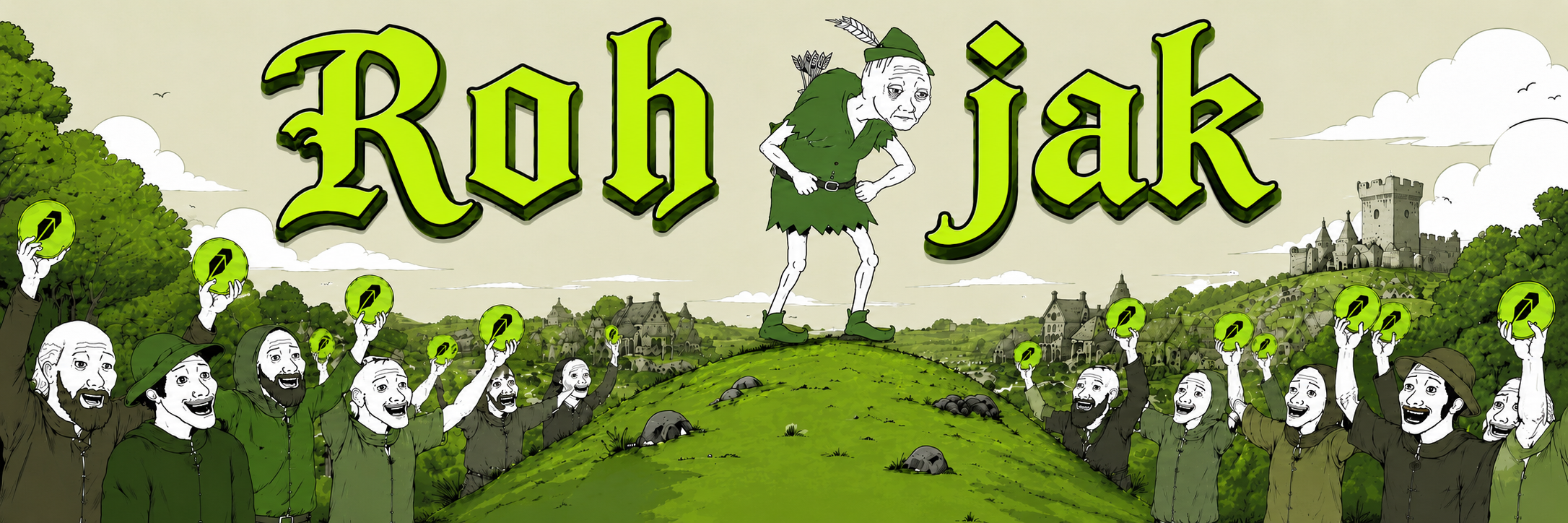 Rohjack standing on a green hill while villagers cheer around him
